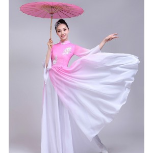 Women's chinese folk dance costumes pink hanfu ancient traditional classical fairy fan umbrella dance dresses