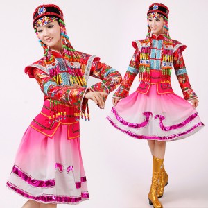 Women's Chinese folk dance costumes pink Mongolian traditional Chinese minority stage performance drama cosplay robes dresses
