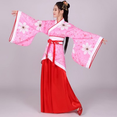 Women's Chinese folk dance costumes pink red colored  ancient traditional classical dance hanfu fairy princess drama cosplay  robes kimono dresses