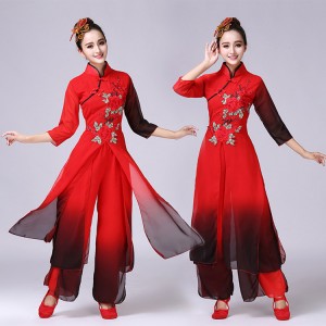 Women's Chinese folk dance costumes red and black gradient ancient traditional yangko professional fairy photos cosplay dancing dresses