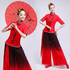 Women's chinese folk dance costumes red colored ancient traditional classical yangko fan umbrella square dance dresses dancewear