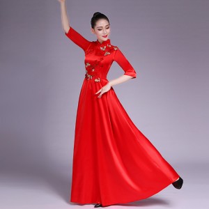 Women's chinese folk dance costumes red colored china style chorus qipao chinese dresses ancient traditional yangko fan dance dresses