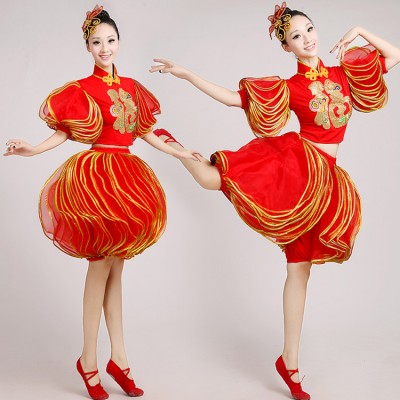 Women's Chinese folk dance costumes red colored china yangko fan lantern dance dresses new year celebration dress for girls female lady