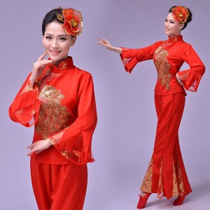Women's Chinese folk dance costumes red colored new celebration phoenix stage performance yangko fan dance dresses 