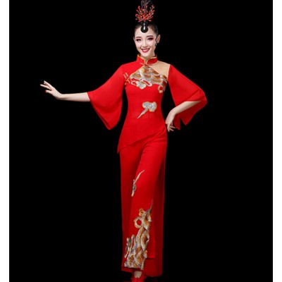 Women's chinese folk dance costumes red dragon pattern yangko drummer stage performance costumes dresses