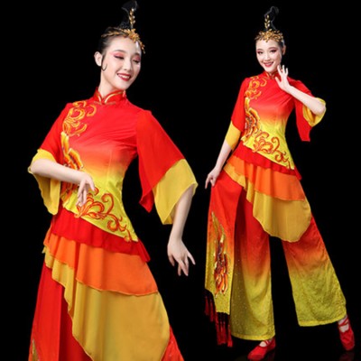 Women's Chinese folk dance costumes red with yellow ancient traditional classical stage performance yangko drummer dan dance dresses