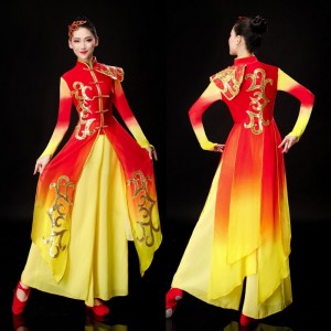 women's Chinese folk dance costumes red with yellow dragon drummer stage performance clothes yangko fan dance costumes