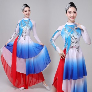 Women's chinese folk dance costumes royal blue ancient traditional fan umbrella classical dance dress costumes