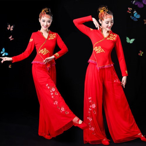 Women's chinese folk dance costumes yangko fan umbrella dance costumes ancient traditional drummer performance costumes