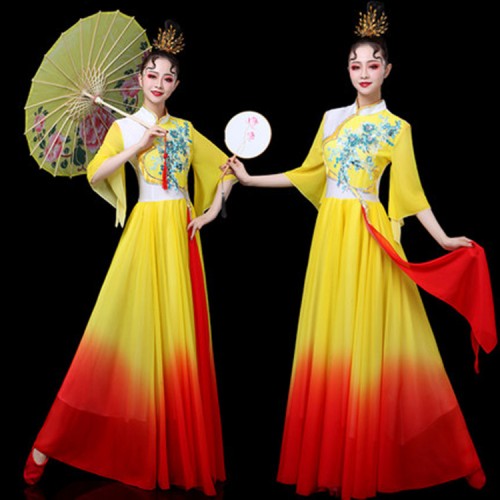 Women's chinese folk dance costumes yellow fan umbrella fairy cosplay dress  red Gradient s color traditional classical dance dresses costumes