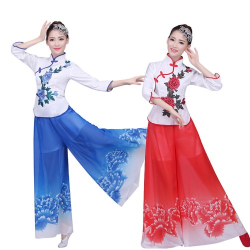 Women's Chinese folk dance dress  blue red ancient classical dance fairy cosplay yangko umbrella fan dance costumes clothes 