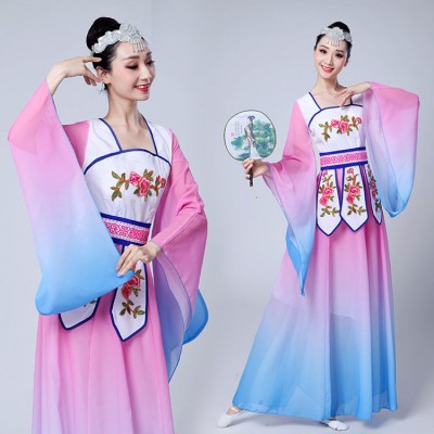Women's Chinese folk dance dress female pink gradient colored traditional ancient fairy yangko fan dance cosplay dance costumes 