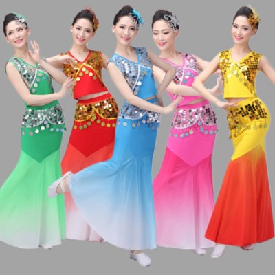 Women's chinese folk dance dresses belly dance girls modern dance peacock mermaid stage performance cosplay dresses