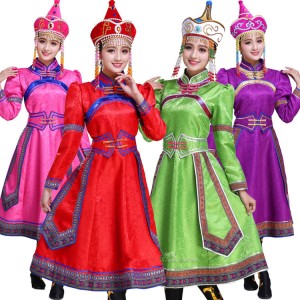 Women's Chinese folk dance dresses handmade green red pink colored Mongolian grassland dance cosplay stage performance drama cosplay robes