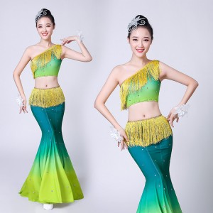 Women's chinese folk dance dresses modern dance peacock green colored tassels fairy cosplay classical dance dresses