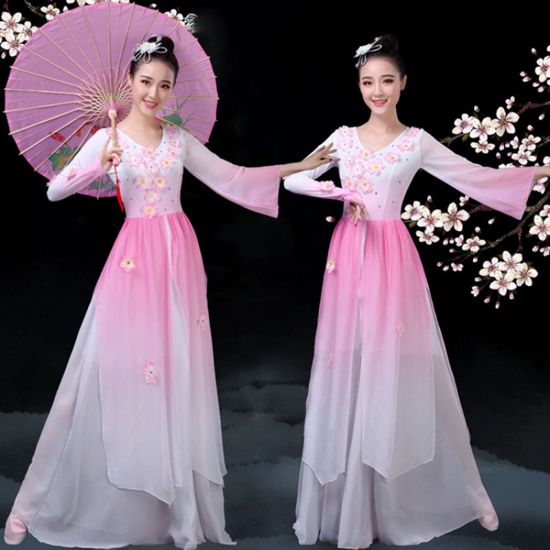 Women's chinese folk dance dresses petals umbrella yangko dance ancient traditional classical fairy drama cosplay costumes