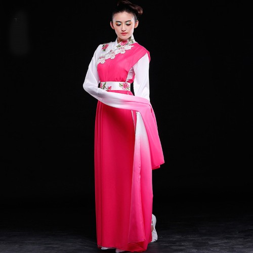 Women's chinese folk dance dresses pink blue hanfu fairy ancient traditional yangko water sleeves umbrella dance costumes dress