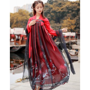 Women's chinese folk dance dresses  red with black Hanfu photography stage performance robes drama cosplay dress