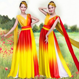 Women's chinese folk dance dresses red with yellow ancient traditional classical dance fiary drama cosplay princess dress