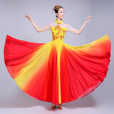 Women's Chinese folk dance dresses red yellow gradient China ancient traditional yangko falmenco ballroom dresses