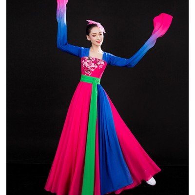 Women's chinese folk dance dresses royal blue with pink ancient traditional yangko fan umbrella dance costumes dresses