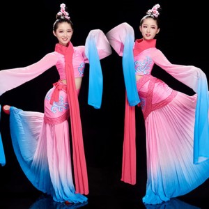 Women's chinese folk dance dresses water sleeves hanfu girls ancient traditional fairy umbrella classical dance dresses