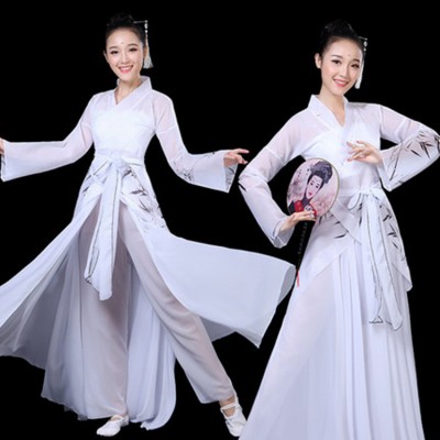 Women's Chinese folk dance dresses  white colored fairy drama cosplay fan umbrella  dance stage performance costumes