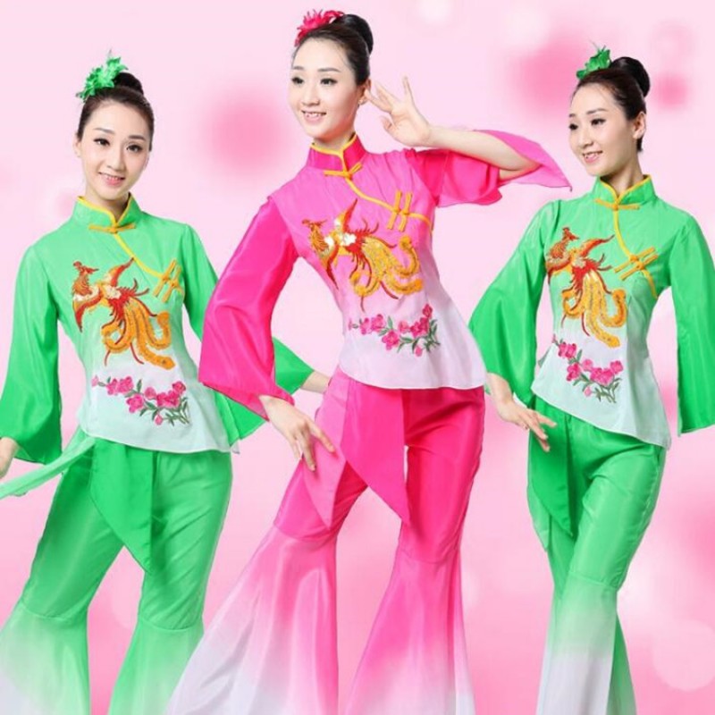 Women's chinese folk fan yangko dance costumes pink green gradient colored for female square dance ancient traditional dance clothes dress