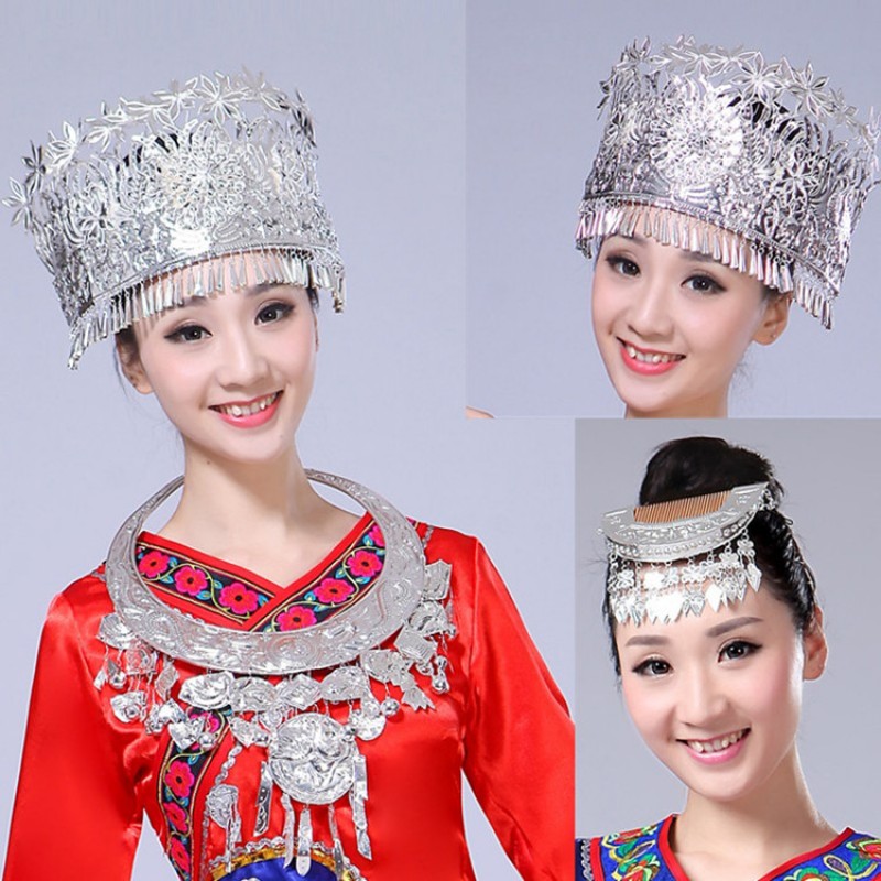 Women's chinese miao folk dance silver headdress hair accessories necklaces