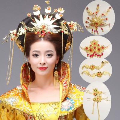 Women's chinese tang dynasty empress phoenix headdress fairy princess stage performance cosplay hair accessories with wig