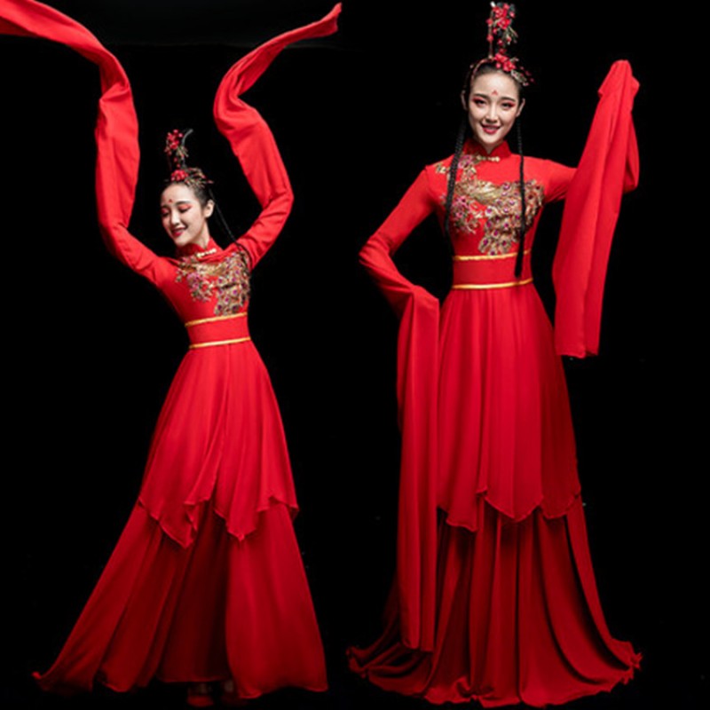 Women's Chinese traditional classical dance dresses hanfu red waterfall sleeves stage performance professional fairy fan cosplay dresses 