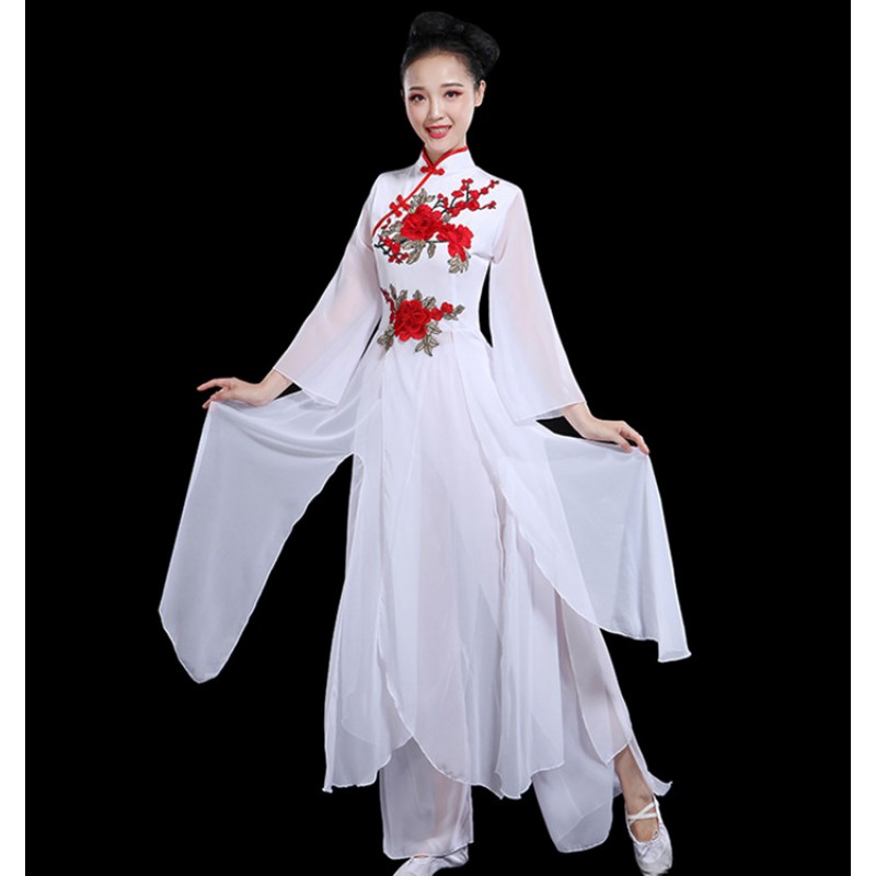 Women's Chinese traditional folk dance costumes female dresses white color with red rose  for girls yangko umbrella fairy drama cosplay fan dresses