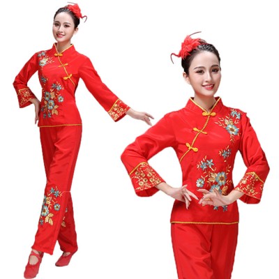 Women's chinese yangko fan folk dance costumes female red colored square dance umbrella stage performance dresses