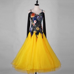 Women's competition ballroom dresses Tango waltz robes de danse de salon yellow black floral velvet long length dress