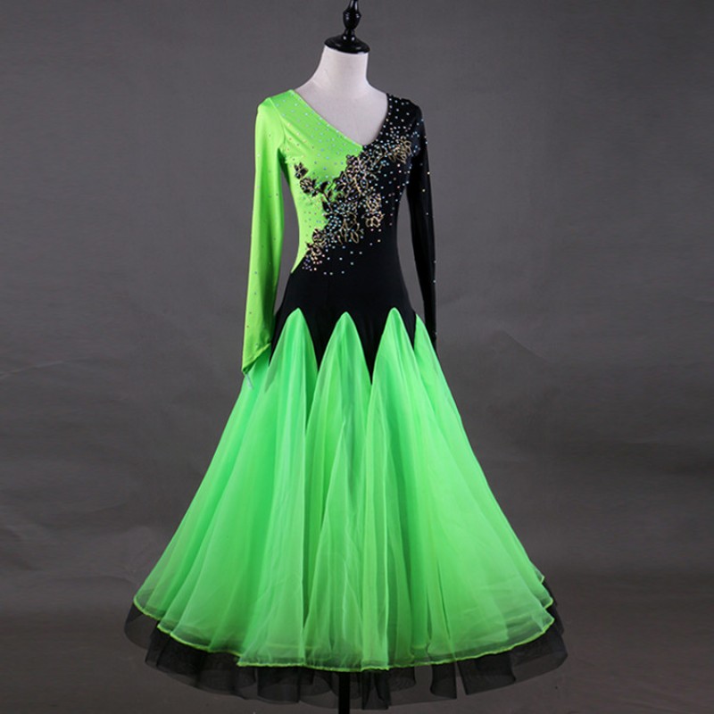 Women's diamond competition ballroom dresses for female green and black patchwork long length waltz tango dancing dresses