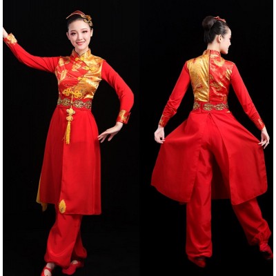 Women's dragon chinese folk dance costumes drummer yangko fan umbrella performance dress 