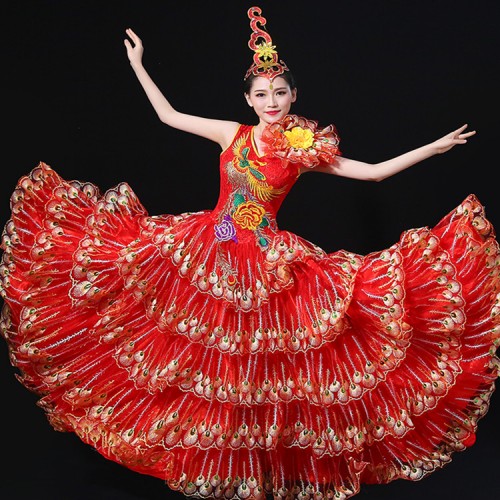 Women's flamenco folk dance dresses red Spanish stage performance bull dancing peacock  big skirted opening dancing long dresses 