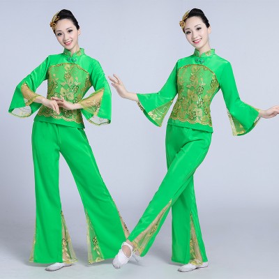 Women's folk dance costumes female st green red Chinese yangko stage performance competition folk fan dance costumes outfits