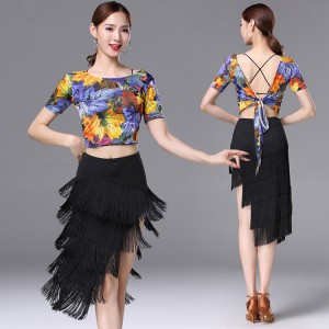 Women's fringes latin dresses blue floral competition performance gymnastics salsa chacha rumba samba dance tops and fringes skirts