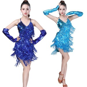 Women's fringes latin dresses competition stage performance salsa chacha rumba dancing dresses skirts