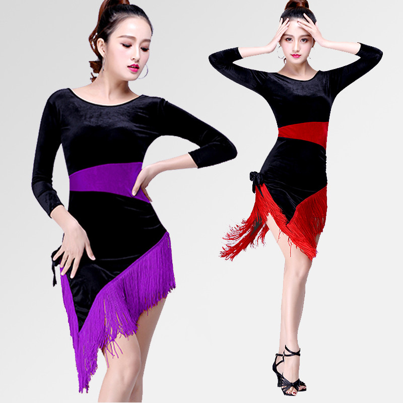 Women's girls black puprle red velvet latin dance dresses salsa samba chacha dance skirts dress