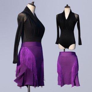 Women's girls black violet  latin dance body tops and skirts stage performance salsa rumba samba dance costumes