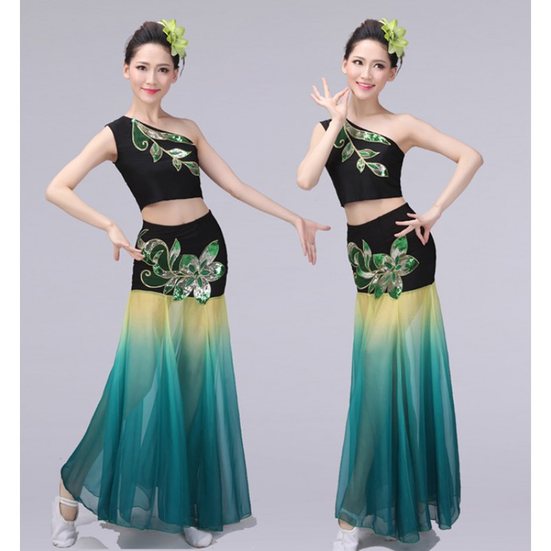 Women's girls chinese folk dance costumes peacock modern dance dresses group dancers stage performance peacock dresses