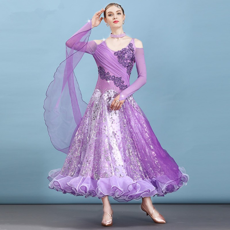 Women's girls competition ballroom waltz tango dance dresses robe de bal violet blue pink rhinestones long length flamenco dresses