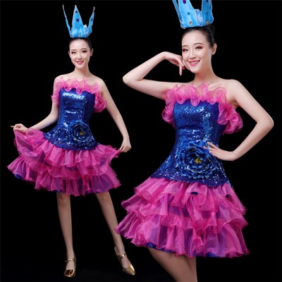Women's  girls flowers blue with pink sequin  jazz dance dress singers host cheerleaders opening dance gogo dancers stage performance dresses