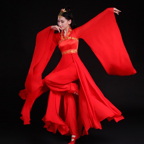 Women's girls hanfu red chinese folk dance costumes ancient traditional fan umbrella fairy princess drama photos cosplay dress 