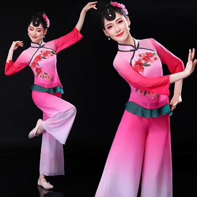 Women's girls hot pink colored chinese folk dance dress yangko fan umbrella traditional classical fairy dance dress