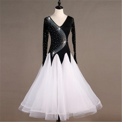 Women's girls kids black with white rhinestones ballroom dancing dresses waltz tango competition dance dresses