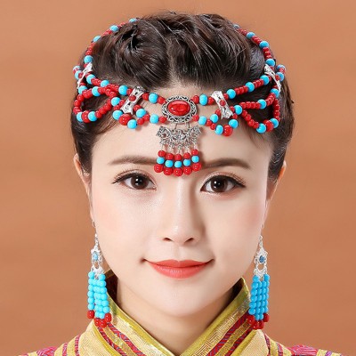 Women's girls minority Mongolian robes dance movies cosplay beads head chain and earring Mongolia photos headdress