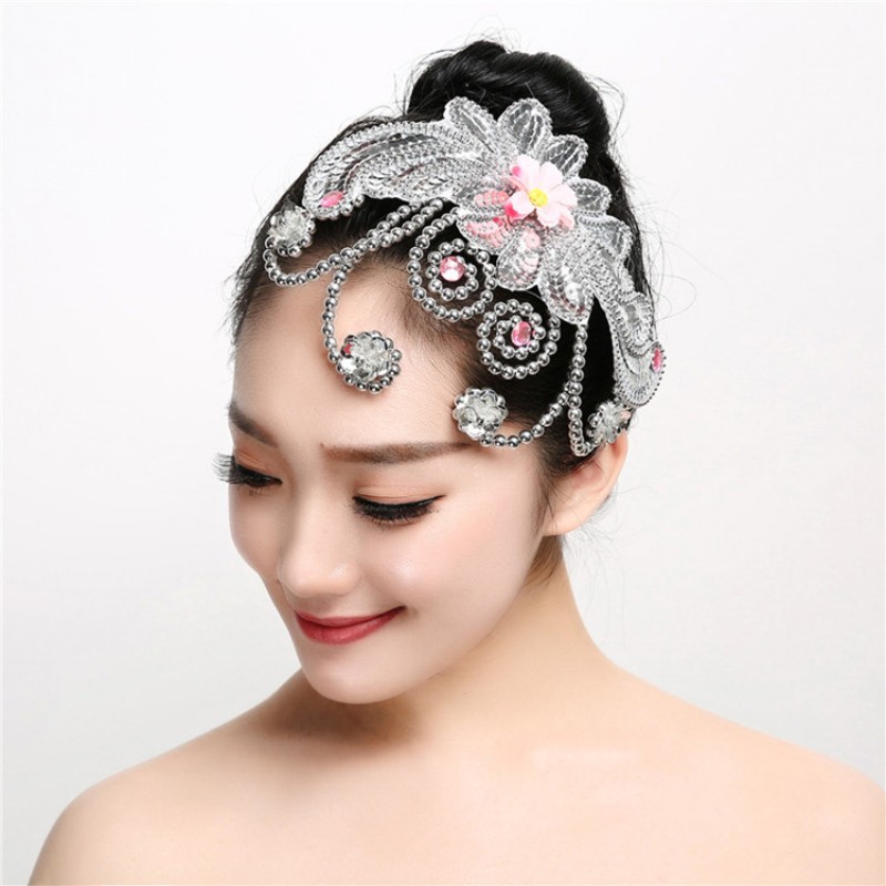 Women's girls modern dance performing flowers headdress chinese classical ancient traditional folk dance headdress hair accessories